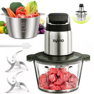 Syvio 2-Speed Food Processor with Dual 8-Cup Bowls (Stainless Steel & Glass) - Upgraded Safety Features, Smart Overheat Protection Light, Powerful Motor, Includes 2 Blades & Cleaning Brush